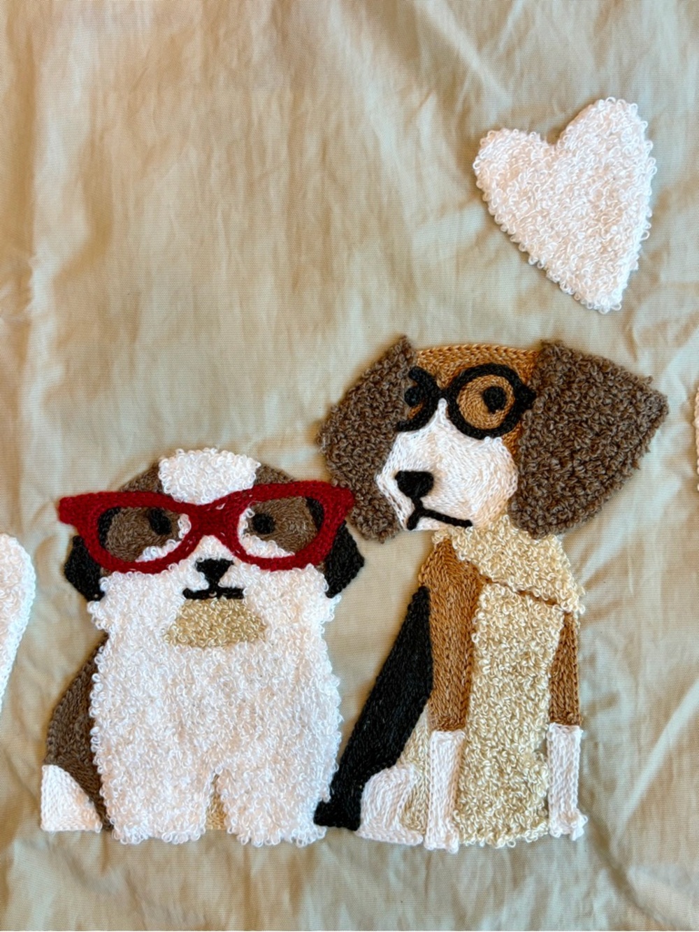 Mztkin nylon tote, cord handles, embroidered dogs in glasses, M, beige, like new - Picture 5 of 12